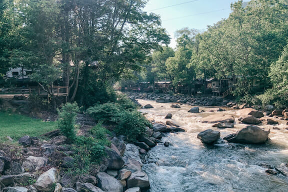 RV campground nestled along the water in Chimney Rock, NC